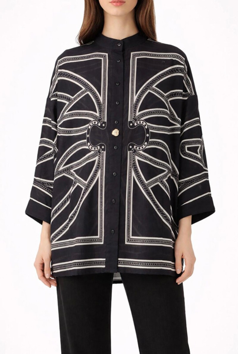 Siyah Desenli Oversize Tunik Gömlek